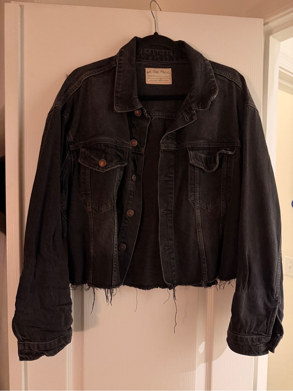 Free People We the Free Cropped Raw Hem Distressed Denim Jacket